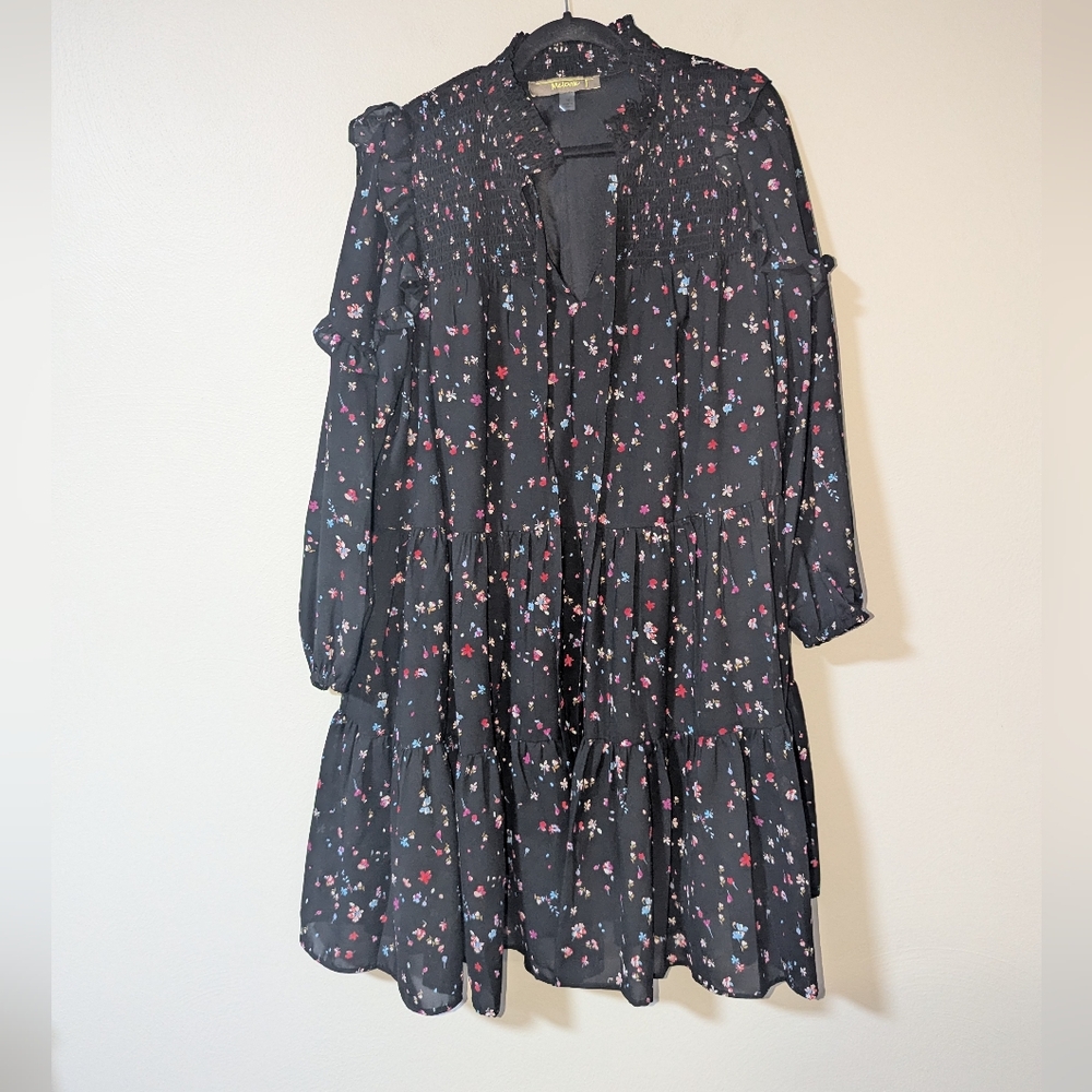 16 Melonie T Black Floral Printed‎ Smocked Dress